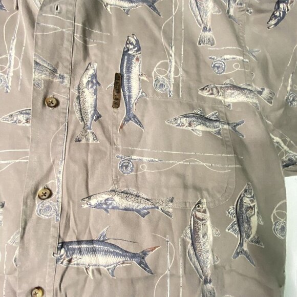 Magellan Sportswear Size Medium Short Sleeve Fly Fishing Print Shirt Green Tan - Picture 3 of 5